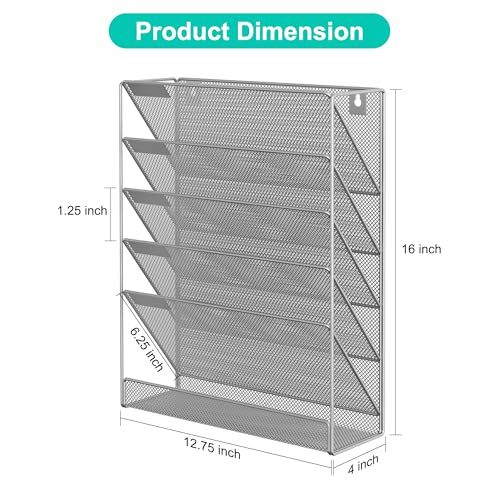 EasyPAG 5 Tier Wall File Holder, Mesh Hanging Folder Organizer with Classify Label, Versatile Desk File Holder, Vertical Wall Mounted Mail Organizer for Office Home Cubicle, Silver - color: Silver