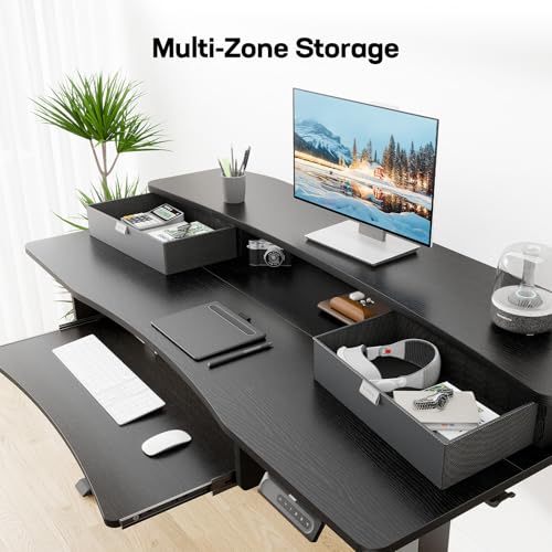 HUANUO 55" x 26" Electric Standing Desk with 2 Drawers & 26.7" Large Keyboard Tray, C-Clamp Mount Compatible, Adjustable Computer Desk for Home Office, Stand Up Desk with 4 Height Presets, Black - color: Black, size: 55" x 26"