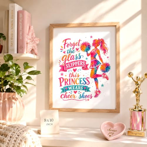 Inspirational Watercolor Cheerleader Quote Poster, Forget the Glass Slippers This Princess Wears Cheer Shoes Wall Art, Colorful Cheerleading Print, Pom Pom Girl Sports Decor, Rainbow Watercolor Cheer Room Artwork, Inspirational Athlete Poster for Girls Be