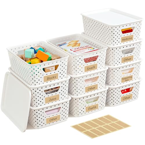 10 Pack Small Plastic Storage Bins with Lids, Stackable Plastic Storage Baskets for Organizing with Handles, Organizer Bins with Labels for Room, Craft, Containers for Pantry Organizers and Storage - color: Cream White