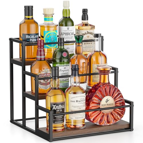 THYGIFTREE Liquor Bottle Display Shelf, 3 Tier Coffee Syrup Rack Organizer & Bar Shelf Stand for Liquor, Whiskey, Spirits, Coffee Station & Home Bar - color: 1-pack, 3-tier
