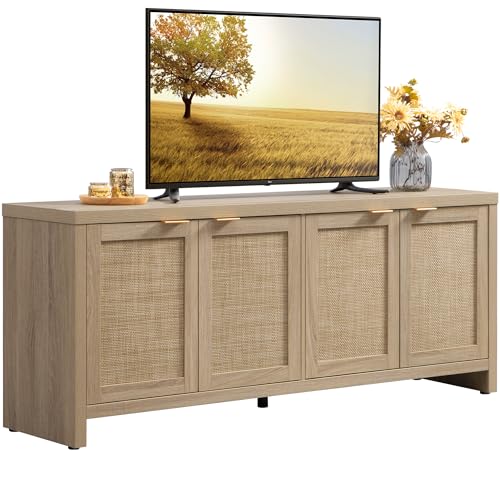 SICOTAS TV Stand for Living Room Boho Entertainment Center for Bedroom with 4 Rattan Cabinets Farmhouse Television Stands with Storage Large Media Console Table for TVs up to 65 Inch - color: Reclaimed Light Oak