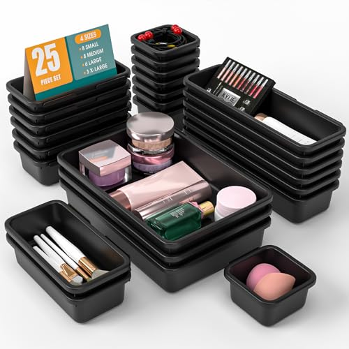 25 PCS Drawer Organizer Set, 4 Size Makeup Drawer Divider Organizer With Non-Slip Pads, Interlocking Plastic Storage Bins for Office,Jewelry Vanity,Gadgets, Bathroom,Kitchen, Black - color: Black, size: 25Pack