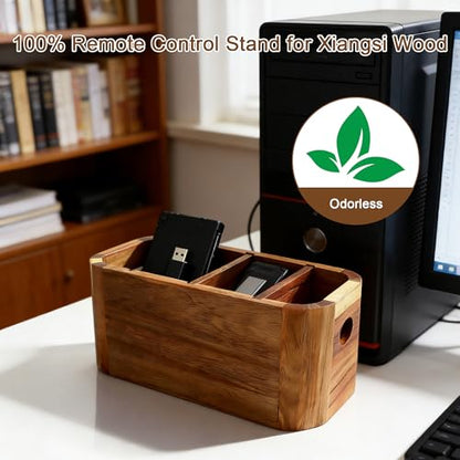 Acacia Wood Remote Control Holder, TV Remote Holder - 4 Compartment Remote Control Storage Organizer, Small Wooden Desktop Caddy for Coffee Table, Nightstand, Living Room, Office, Vanity