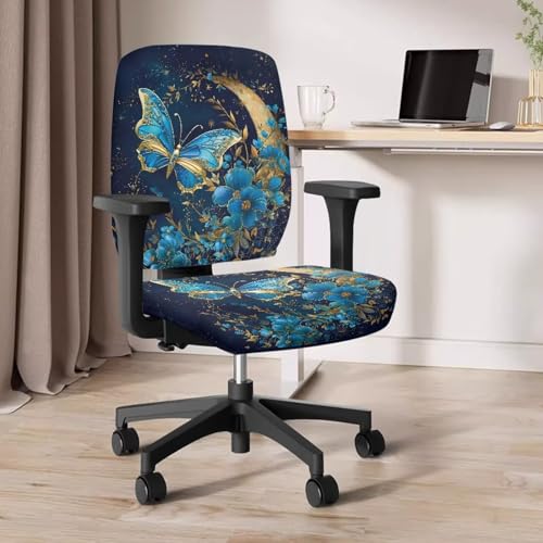 Butterfly Flower Office Chair Covers Stretchable Office Chair Seat Cover Removable Dorm Computer Rotating Chair Slipcover Desk Accessories Split Rotating Swivel Chair Padded Protector - color: Blue Butterfly Flower