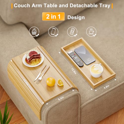 Bestjing Bamboo Sofa Armrest Tray Table for Couch - 2-in-1 Couch Arm Table with Be Slide Detachable Tray- Anti-Slip Foldable Sofa Armchair Caddy for Drinks Cellphone TV Remote Snacks (Bamboo) - color: Bamboo, size: 16.9" x 13.3" x 1.5"