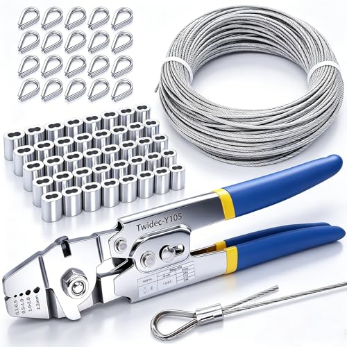 Twidec/Wire Rope Crimping Tool Kit Up To 2.2mm Swaging Tool With 165FT 1/16'' 304 stainless steel Wire Rope And 150PCS 1/16''Aluminum Crimping Loop Sleeve 20PCS Wire Rope Thimbles - style: 165FT