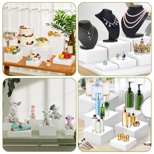 Yimy 6 PCS Buffet Risers, White Acrylic Food Risers for Buffet Table, Cube Boxes with Hollow Bottoms, Catering Display Stand Shelf for Dessert Party Jewelry & Collectibles(5"x6"x6.8"x7 x7.5 x8'')