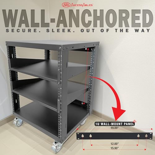 AxcessAbles 12U Open Frame Network & AV Rack with Caster Wheels, Two 2U Shelves, 10-32 & Cage Nut Compatible Rails, Cage Nuts, Screws, Cage Nut Tool & Wall Mount Kit | 19-Inch Rack - size: 12U - 2 Shelves