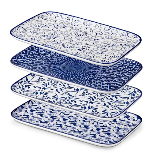 vancasso Porcelain Serving Trays for Party, Serving Platters Set of 4,Serving Dishes for Entertaining, Ceramic Party Trays and Platters for Serving Food, 12" Inch, Series SELENE - color: Vintage Blue C