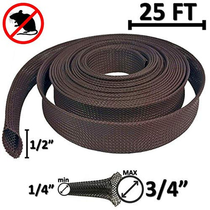 Electriduct 1/2" Chewing Resistant Braided Sleeving Repulsive Hose Wire Mesh Cable Protection Flexible Expandable Wrap - 25 Feet - color: Expandable (Dark Brown), size: 0.5 Inch - 25 Feet