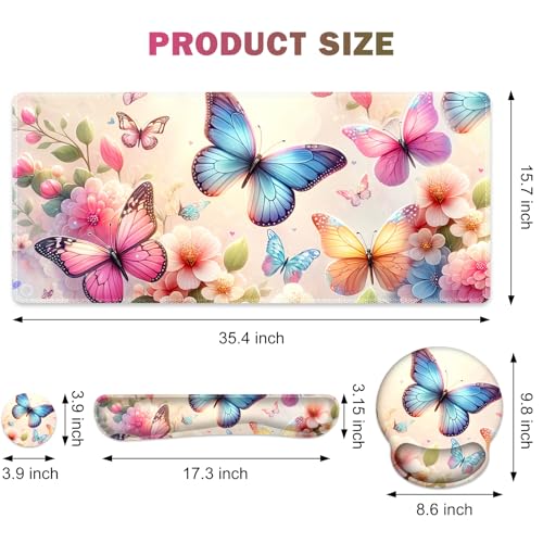 Gaming Mouse Pad, Large Desk Mat, Cute Desk Pad Protector, 4in1 XXL Mousepad + Keyboard Wrist Rest+Mouse Wrist Rest+Coaster Set with Ergonomic Desk Pad for Home Office PC Computer, Butterflies Flowers - color: Butterflies Flowers