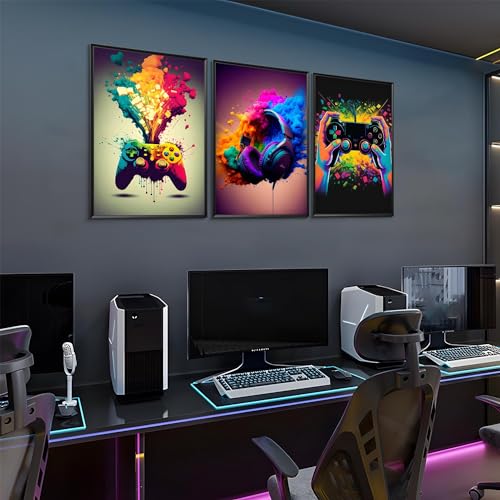 MUWAK Gaming Room Decor Wall Art Set of 3 - Video Gaming Controller Gamer Wall Decor, Gaming Canvas Poster Room Decor for Boys Room Kids Game Room Bedroom 16x24 in Unframed - color: Colorful Ink Game, size: Poster 16x24 inch