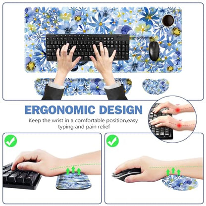 ToLuLu Desk Mat, Gaming Mouse Pad Wrist Support 4 in1 Set, XXL Large Mouse Pad + Keyboard Wrist Rest + Memory Foam Cushion Mouse Wrist Rest for Pain Relieve + Coaster Computer, Butterfly Loves Flower - color: Butterfly Loves Flower