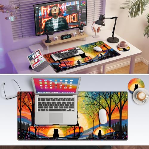 Canjoy Cute Black Cats Anime Mouse Pad Set, 4-in-1 Kawaii Large Mouse Pad + Keyboard Wrist Rest Support+ Coaster, (35.4×15.7 in) Extended Desk Pad Memory Foam Non-Slip Desk Mat for Home Office - color: Rainbow Cats