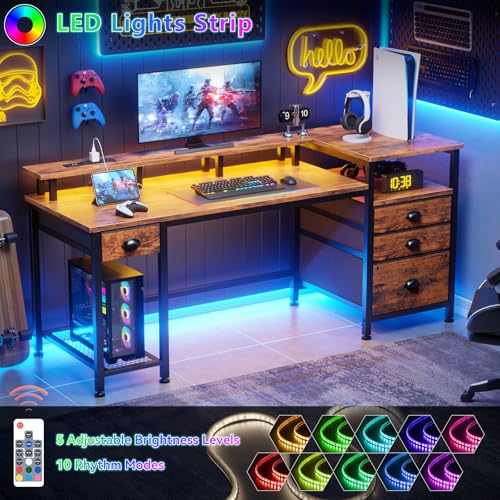 Furologee 60" Computer Desk with File Cabinet and Storage Shelves, Reversible Home Office Desk with LED Lights, Full Monitor Stand, Power Outlets, Study Gaming Table with 4 Drawers, Rustic Brown - color: Rustic Brown