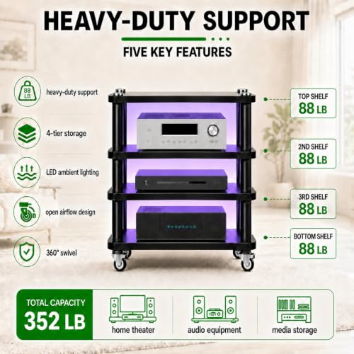 4-Tier AV Media Stand with LED Lights, Heavy Duty Mobile Stereo Cabinet Stand with Wheels, Wooden Stereo Rack, Audio Rack Furniture Perfect for DVD Player/Game Console (with Lights, 4 Tier) - color: With Lights, size: 4 Tier
