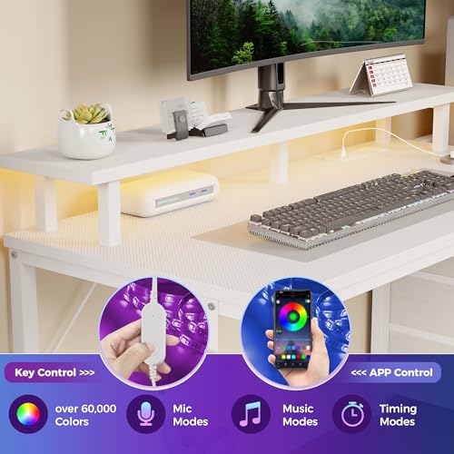 DUMOS L Shaped Gaming Desk with Shelves Storage Drawers 52'', White Computer Desks with LED Lights Power Outlets, Office Wood Table with PC Stand Cable Management for Bedroom Dual Monitor Streaming
