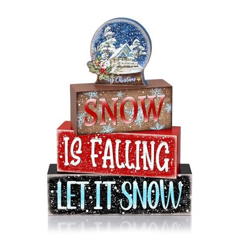 Britimes 4 Pcs Winter Table Decor Christmas Snow Globe Tiered Tray Decorations Set Snowflake Block Signs Gift Rustic Farmhouse Tabletop Decor for Table & Home Office - style: Snow Globe Christmas