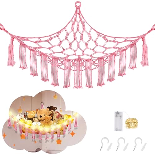 CERETIA Stuffed Animal Hammock with LED Light, Large Stuffed Animals Storage Corner Plushie Net for Kids Room Decor, Pink - color: Pink, size: Large-(Package of 1)