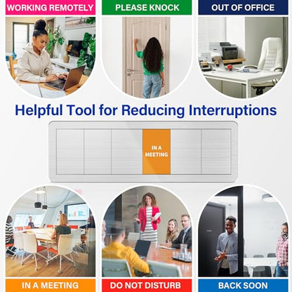 Office Door Signs with 6 Printed Status Options – Do Not Disturb, Out of Office, In a Meeting, Please Knock, Work from Home, Back Soon – Includes Custom Personalized Blank Sticker for Privacy Workspace or Studio Available and Away - style: Brushed Silver