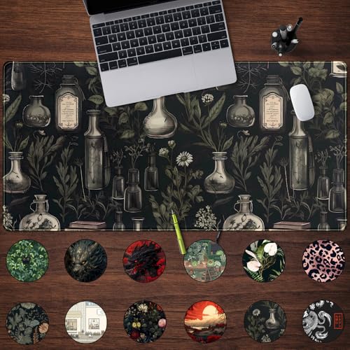 Black Aesthetic Desk Mat - Vintage Large Gaming Flower Mouse Pad XXL Plant Wildflower Mousepad Extended Laptop Computer Keyboard Mat for Women Girl Office Decor 31.5x15.8 in - color: Dark Plants