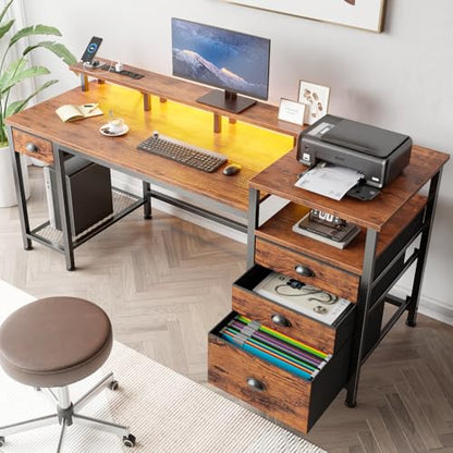 Furologee 60" Computer Desk with File Cabinet and Storage Shelves, Reversible Home Office Desk with LED Lights, Full Monitor Stand, Power Outlets, Study Gaming Table with 4 Drawers, Rustic Brown - color: Rustic Brown