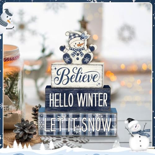 Britimes 4 Pcs Christmas Snowman Table Decor Winter Tiered Tray Decorations Set Believe Hello Winter Let It Snow Stack Block Signs Gift Rustic Farmhouse Tabletop Decor for Table & Home Office - style: Christmas Snowman