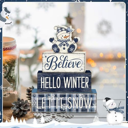 Britimes 4 Pcs Christmas Snowman Table Decor Winter Tiered Tray Decorations Set Believe Hello Winter Let It Snow Stack Block Signs Gift Rustic Farmhouse Tabletop Decor for Table & Home Office - style: Christmas Snowman