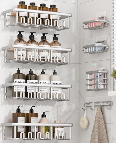 8 Pack Adhesive Rustproof Shower Caddy with Soap Dishes, Toothbrush Holder & Hooks, Large Capacity No-Drilling Shower Shelves Rack for Bathroom Organizers and Storage Accessories, Silver - color: Silver