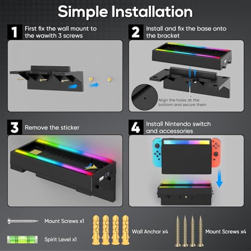 YUANHOT RGB Wall Mount for Nintendo Switch/OLED with Light & Storage(Black) | 7 RGB Light Modes, Game Card Slots, Controller Wall Holder, USB 3.0 Charge Port - size: Black