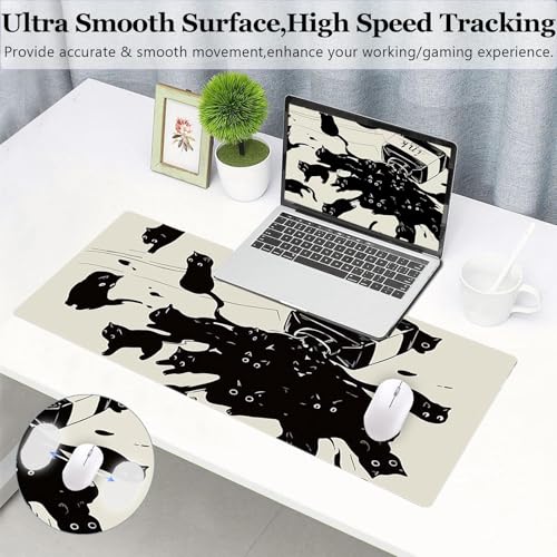 Gaming Mouse Pad XL Extended Anime Mouse Pad 31.5x11.8 inch, Large Cute Kawaii Big Computer Mouse Mat Desk Pad with Non-Slip Rubber Base and Stitched Edge for Home Office-Black Ink Cat - color: Black Ink Cat, size: 31.5L x 11.8W inches
