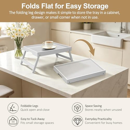 Breakfast Tray with Folding Legs Set of 2, Bamboo Bed Tray Table 15.7" Foldable TV Dinner Tray with Ergonomic Wave Handles for Bed Couch Sofa, Breakfast, Snacks, Coffee, White - color: White, size: Medium