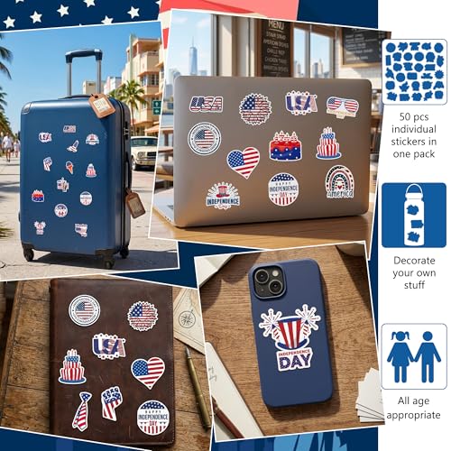 DETICKERS 4th of July Stickers 50 PCS Waterproof Independence Day Vinyl Stickers Patriotic Independence Day Gifts for Adults - style: 4th of July