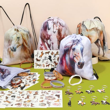 SNLN 12Sets Horse Party Favors Birthday Supplies Boy Girl Kid, Drawstring Bag Silicone Bracelet Tattoo Sticker Keychain Horse Themed Pinata Filler Cowboy Cowgirl Rodeo Western Party Favors Supplies - style: Horse