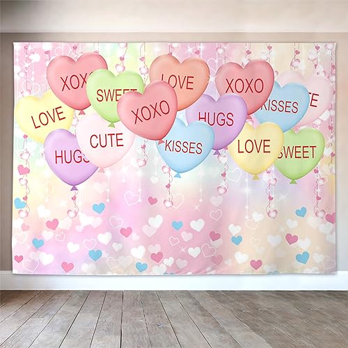 Mocsicka Valentine's Day Backdrop Kisses Hugs XOXO Photography Background Glitter Pastel Colorful Love Heart Balloons Party Decorations Photo Booth Props (10x8ft(120''x96''), Pink) - size: 10x8ft(120''x96'')