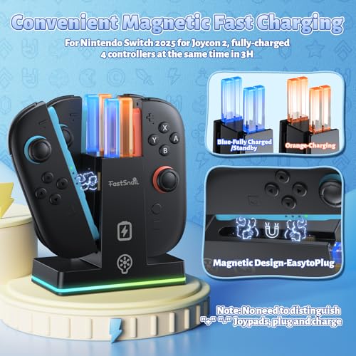 FASTSNAIL Charging Dock for Nintendo Switch 2(2025) for Joy-Con 2, Dual-Direction Magnetic Fast Controller Charger Station with 9 RGB Light & Charging Cable for Joycon 2 Stand Accessories - color: Matte Black, size: 7.9 inch