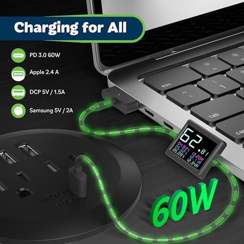 TOPGREENER Desktop Power Grommet with 65W PD Fast Charging USB C, GaN Desk Grommet for MacBook, 2 USB-A Ports and Duplex Receptacles, 3” Diameter Power Grommet, TTRP48APD60-BK, Black - color: Black