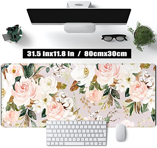 Pink Flowers Keyboard Pad PC Gaming Desk Mat Desk Mouse Pads Green Leaves Floral Mouse Pad Large, Computer XL Big Mousepad Deskpad Mat with Stitched Edge for Women Home Office Decor 31.5x11.8 in - color: Flowers Pink