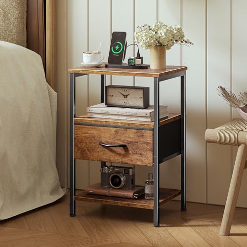 SUPERJARE Nightstand Set of 2, Bed Side Tables with Charging Station, Adjustable Fabric Drawer, Night Stand for Bedroom, 3-Tier Storage End Tables, for Living Room, Rustic Brown - color: Rustic Brown, size: M-2 (11.8"D x 15.7"W x 23.4"H)