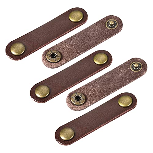 MECCANIXITY Pack of 5 Leather Cable Straps Cord Organizer 63x16mm Portable Cable Leather Clips Brown Earphone Cord Management for Cable, Wire - color: Brown