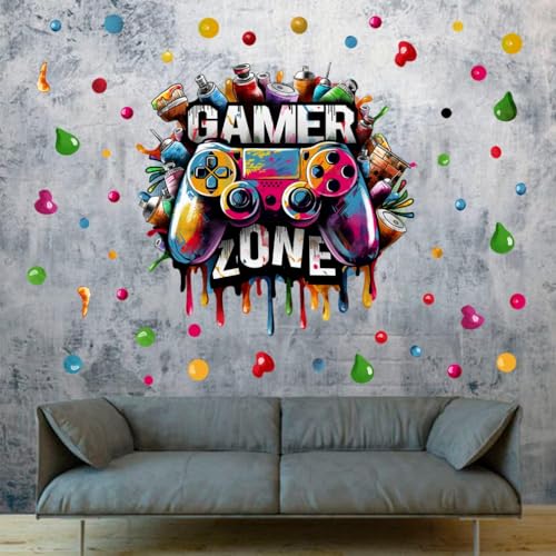 YIMEHDAN Large 3D Graffiti Gamer Zone Wall Decals (26.8”x26.4”), Watercolor Video Gaming Vinyl Wall Stickers for Game Lover, Removable Video Game Artwork for Boys Playroom Bedroom Decor - style: game1