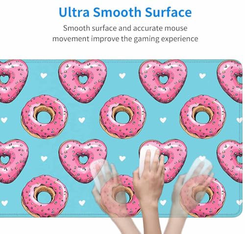Gaming Mouse Pad, Large Pink Heart Donuts Mouse Pads for Desk, Non-Slip Rubber Base Mousepad, Keyboard Mouse Mat Desk Pad with Stitched Edges, 31.5x15.7 inch - color: Pink Heart Donuts, size: 31.5L x 15.7W inches
