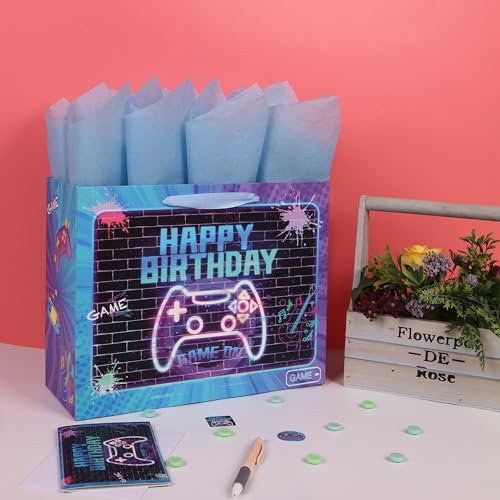 wishinside 13” Large Gamer-themed Birthday Gift Bag Set with Handles, Greeting Card, Tissue Papers and Stickers for Boys Girls Kids Teens Men Women, Game Design, 1 Pcs