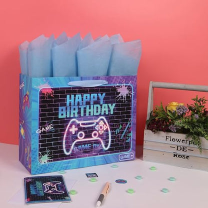 wishinside 13” Large Gamer-themed Birthday Gift Bag Set with Handles, Greeting Card, Tissue Papers and Stickers for Boys Girls Kids Teens Men Women, Game Design, 1 Pcs