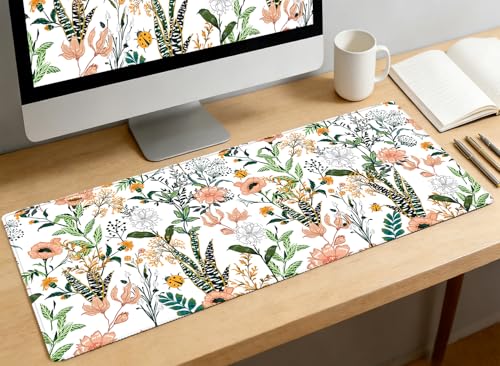 XXL Waterproof Office Desk Pad Protector 31.5x11.8 Inch - Extended Gaming Mouse Pad with Non-Slip Rubber Base, Thickened Keyboard Mat, Stitched Edges & Beautiful Floral Flowers Design - color: White