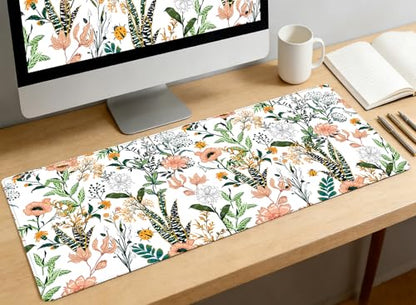 XXL Waterproof Office Desk Pad Protector 31.5x11.8 Inch - Extended Gaming Mouse Pad with Non-Slip Rubber Base, Thickened Keyboard Mat, Stitched Edges & Beautiful Floral Flowers Design - color: White