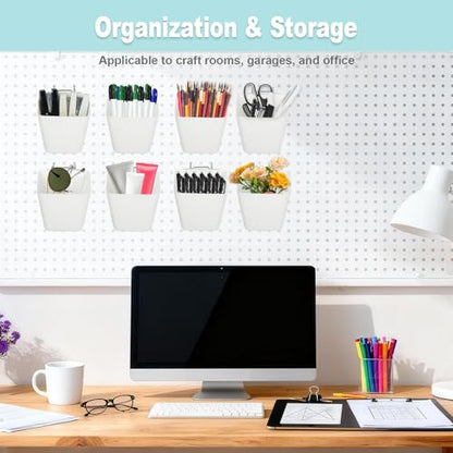 8 Pack Large Pegboard Bins with Hooks, Square Box Shape Peg Board Cups and Peg Board Accessories for Craft Room, Playroom, Office, Garage, and Wall Mount Organization (White) - color: White