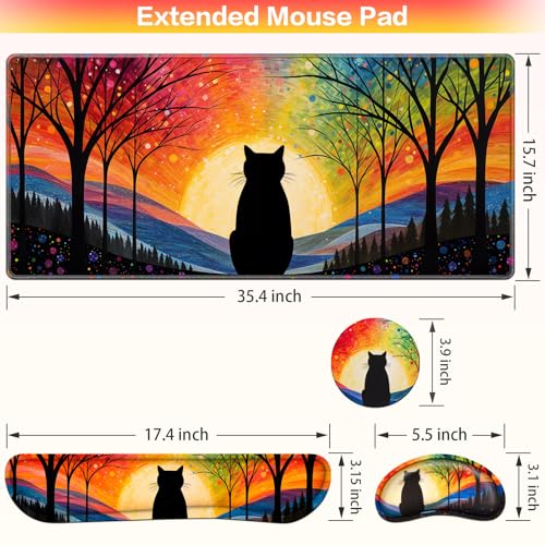 Mouse Pad with Wrist Rest Black Cat, 4-in-1 Large Mousepad+Keyboard Wrist Rest+Mouse Pad Wrist Support+Cup Pad Set,Ergonomic Mousepad,Memory Foam Desk Mat for Home Office Gaming(35.4×15.7in) - color: Lonely Cat