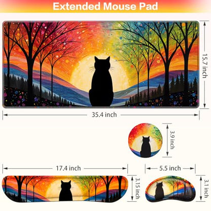 Mouse Pad with Wrist Rest Black Cat, 4-in-1 Large Mousepad+Keyboard Wrist Rest+Mouse Pad Wrist Support+Cup Pad Set,Ergonomic Mousepad,Memory Foam Desk Mat for Home Office Gaming(35.4×15.7in) - color: Lonely Cat